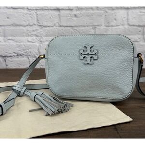 Tory Burch McGraw Camera Bag Mint Blue Pebbled Leather Crossbody Tassel Logo